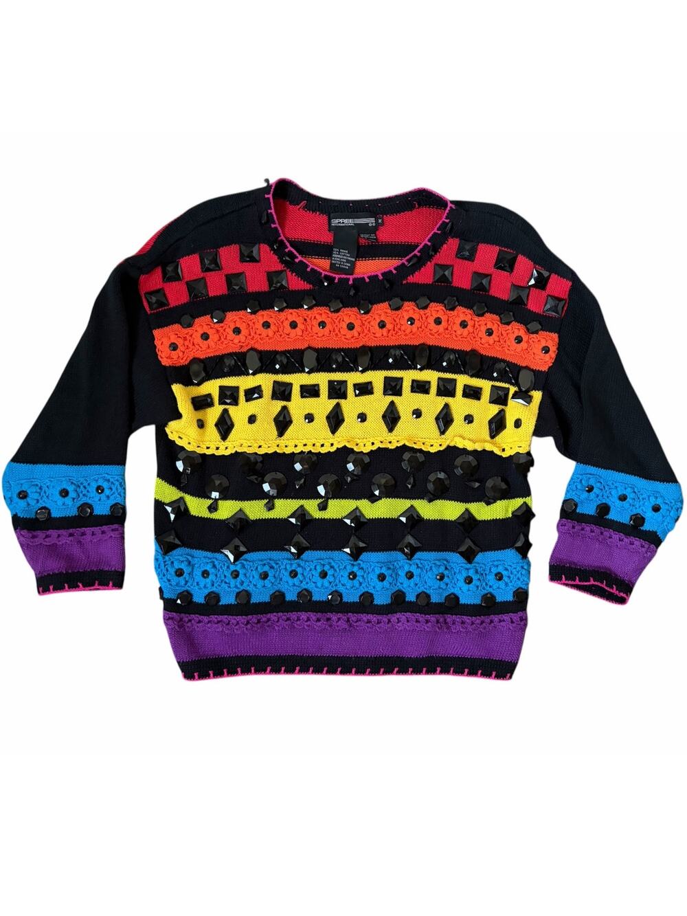 VTG '91 Spree International Rainbow Bejeweled Knit Grandmacore Sweater Sz M RARE